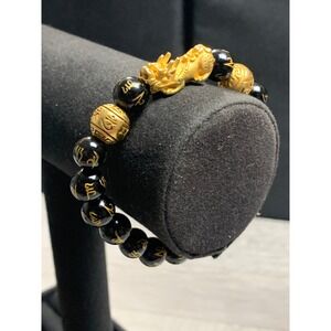 Feng Shui Pixiu Mani Mantra Black Obsidian Bead Bracelet Gold Wealth Charm 6.5in